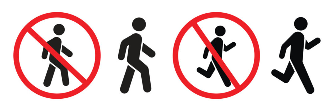 Pedestrian allowed and no pedestrian sign set  walking person symbols in green and red circle isolated on light background vector
