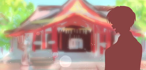 笑顔の男性とアバウトな神社の背景　初夏　シルエット © shima