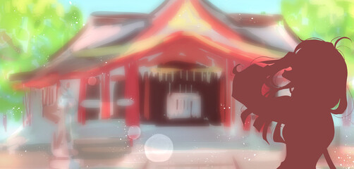 健やかな表情の女性とアバウトな神社の背景　初夏　シルエット