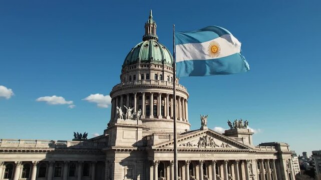 National Congress Building in Buenos Aires with Argentine Flag on a Clear Day