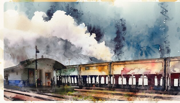  Vintage steam train departs from an old station platform