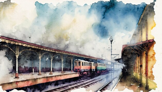  Vintage steam train departs from an old station platform