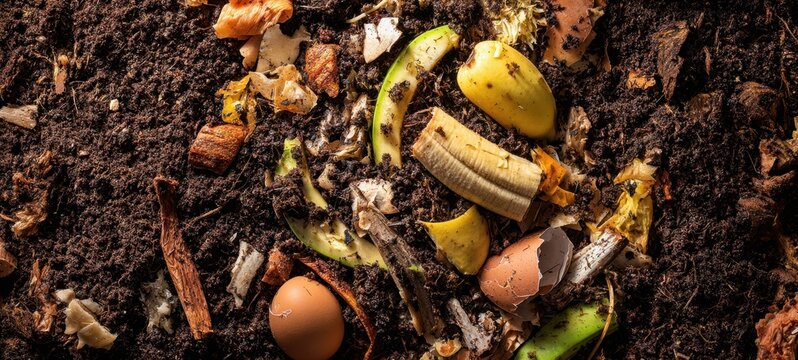 The Compost Pile with Banana Peels Eggshells and Organic Waste on Soil
