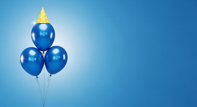 Three blue balloons tied together with yellow cone