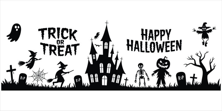 Halloween Silhouette Collection With Haunted House Ghosts Witches Skeletons And Pumpkins trick or treat