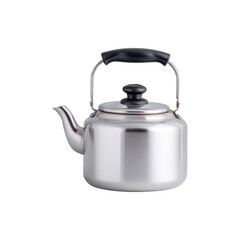 Shiny stainless steel tea kettle with black lid and handle, essential kitchen appliance for hot drinks