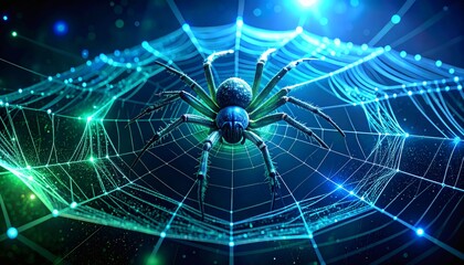 Cyber security concept with digital spider on web