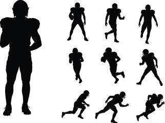 Fototapeta premium Collection of Black Silhouette American Football Players in Action on White Background Keywords: american football, football