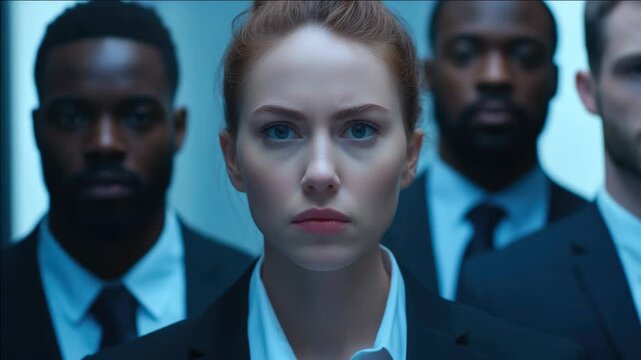 Professionals in an office setting, focused and serious.