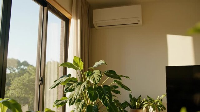 Lush green houseplants bathed in warm natural sunlight by a large window indoor setting