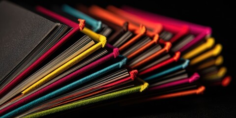 The colorful stacked notebooks with exposed stitched bindings fanned in dramatic studio lighting