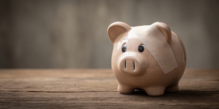 The piggy bank with bandage symbolizing financial recovery, savings, budgeting and protection
