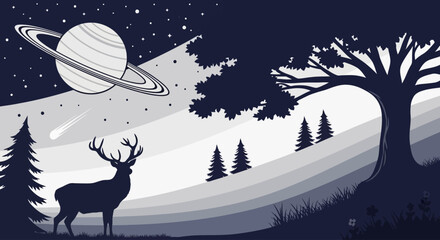 A majestic stag stands under a serene cosmic sky, observing a ringed planet and a shooting star in a tranquil, silhouetted night landscape with mystical trees and rolling hills © John