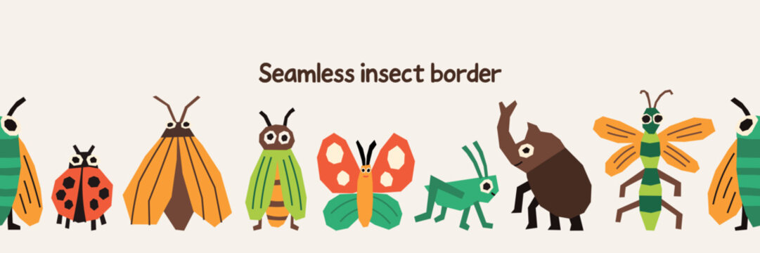 Insect set jungle border seamless pattern with bug cute. Decorative insect border for kids posters frames and layouts.