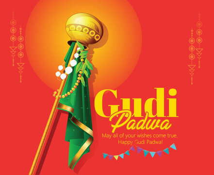 Gudi Padwa Traditional Maharashtrian Festival Gudi With Kalash, Silk Cloth And Garland Celebrating Hindu New Year