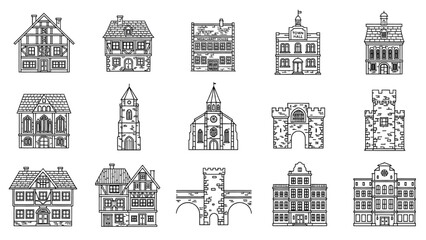 Naklejka premium Collection of Architectural Illustrations Featuring Buildings and Structures