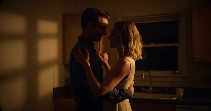 Romantic loving couple dancing together by the window in cozy dark room
