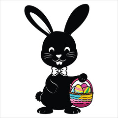 Obraz premium Cute black Easter bunny holding colorful egg basket isolated on white background vector illustration