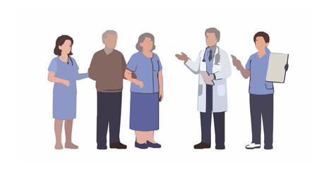 Obraz premium Elderly Couple with Family Doctor Nurse Caregiver and Nutritionist Full Body Vector Illustration