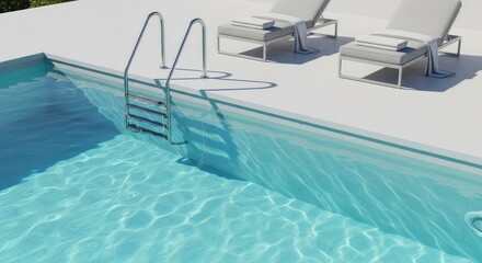 Fototapeta premium Modern outdoor swimming pool with clean blue water, a metal ladder, and two minimalist sun loungers on a white deck, evoking summer relaxation and luxury lifestyle.