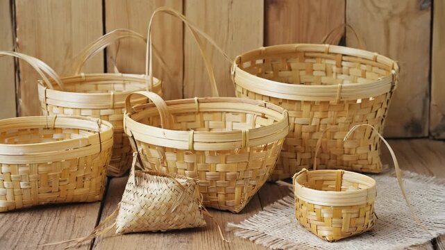Handwoven Bamboo Baskets Collection Displayed on Wooden Surface