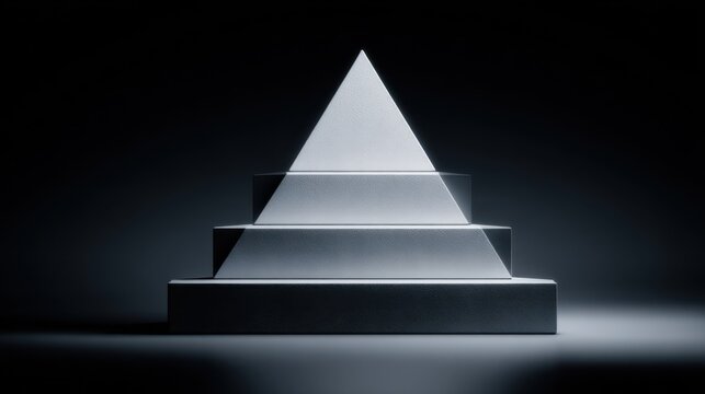 A glowing podium with the shape of a pyramid on it. A dark, sleek podium is illuminated, symbolizing success