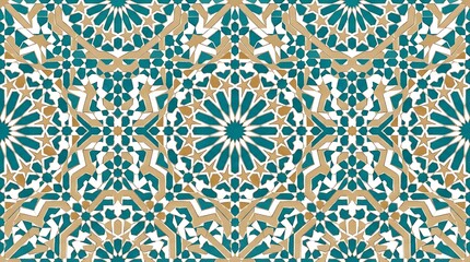 Intricate geometric patterns in vibrant teal and gold tones forming a seamless repeating design.