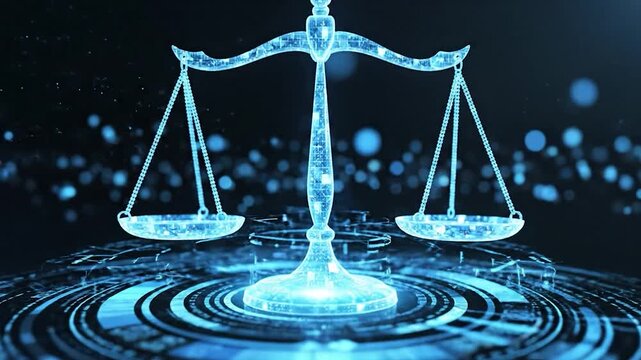 Digital justice scale balance law technology equality futuristic concept