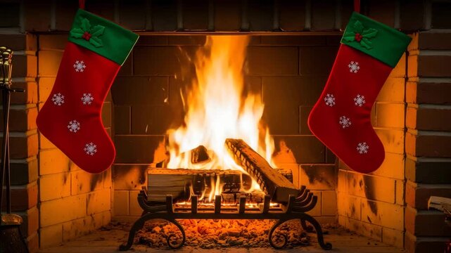 Cozy christmas stockings hanging by fireplace with roaring fire holiday hearth decoration festive HD high quality video.
