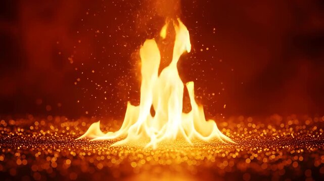 Fire flame burning with intense golden sparks on dark background loop HD high quality video.
