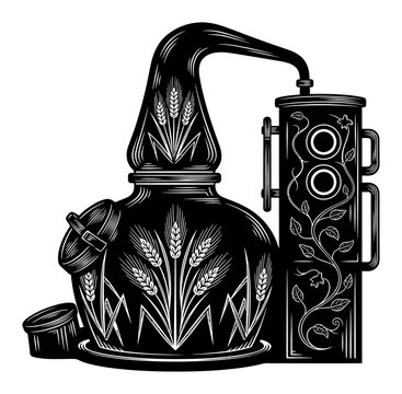 Whiskey Still Illustration - Copper Alembic, Barley & Vines