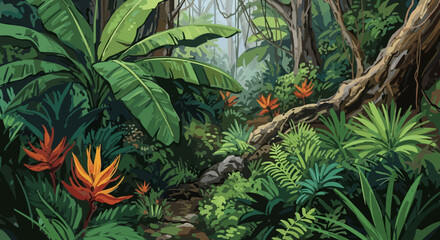 Tropical Jungle with Lush Green Foliage Flowers. © Mahkota