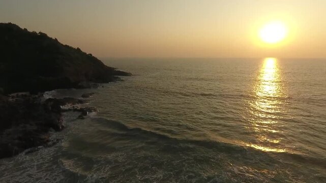 Aerial shot of Sunrise over Arabian Sea at Honnavar Karnataka in India