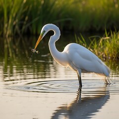 Naklejka premium A white heron catches fish in shallow water