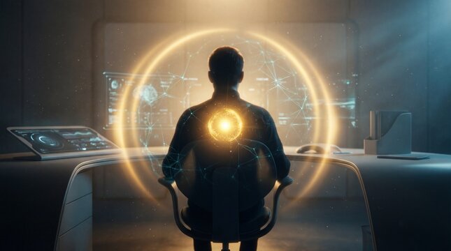 Man sitting at desk with glowing orange circle around back, futuristic office, data visualization, AI, technology, digital interface