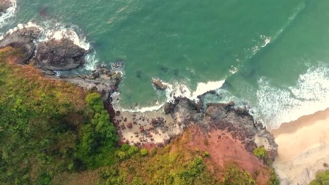 Aerial top view of rocky beach at Honnavar, Karnataka