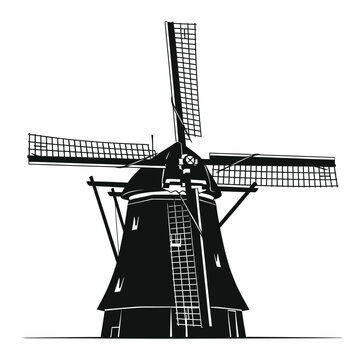 Dutch Windmill Silhouette - Vector Illustration