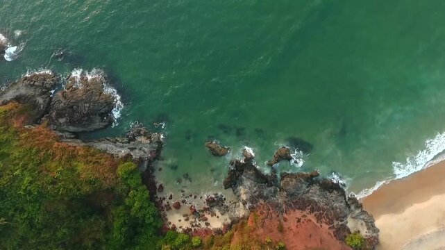 Aerial top view of rocky beach at Honnavar, Karnataka