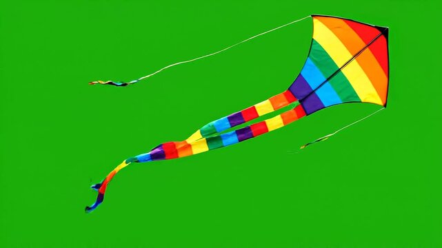 Vibrant Kite with Colorful Tail Dancing on Bright Green Screen
