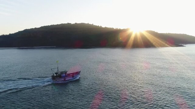 Aerial view of Fishing boat in Arabian Sea at Honnavar Karnataka in India