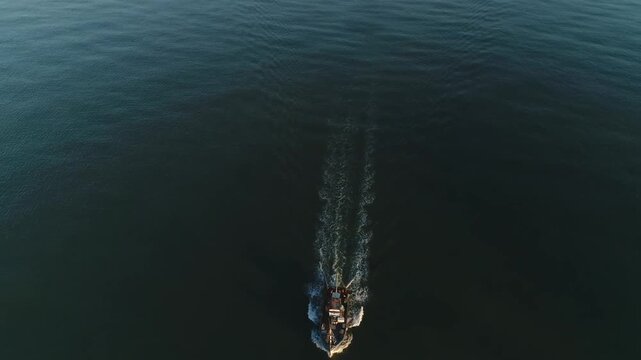 Aerial view of Fishing boat in Arabian Sea at Honnavar Karnataka in India