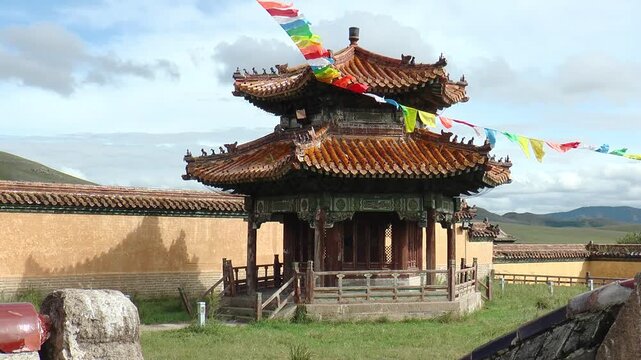 MONGOLIA, SELENGE - September 5, 2013: The territory of the Amarbayasgalant Mongolian Buddhist monastery and ritual objects on an autumn cloudy day.