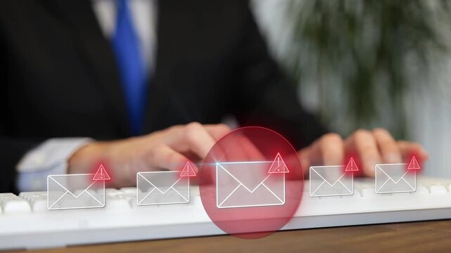 Man typing as phishing e-mails arrives. Virus alert and cyber attack on businessman computer