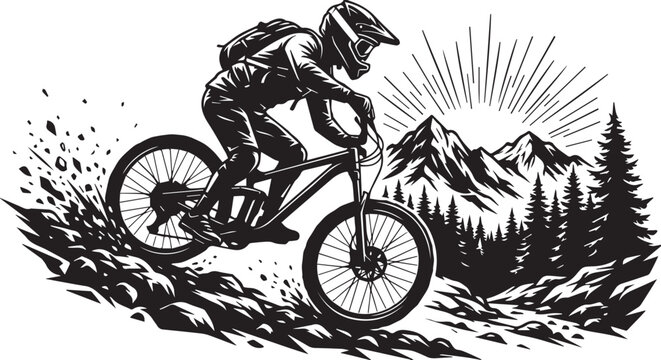 Vintage Style MTB Rider Logo with Mountain and Forest Background 
