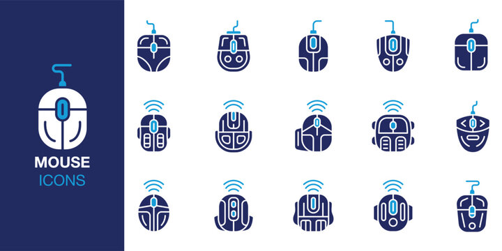 Mouse icon set. Containing wireless, bluetooth, usb, ergonomic, gaming and more. Solid vector icons collection. Vector illustration.