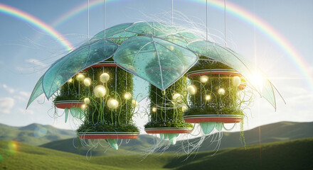 Sustainable Floating Eco-Architecture: Bioluminescent Vertical Gardens Under a Double Rainbow