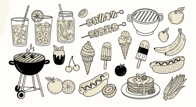 A collection of hand-drawn illustrations of summer barbecue food and drinks, including hot dogs, ice cream, fruits, and beverages.