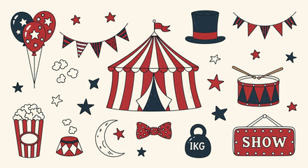 A collection of circus-themed illustrations including a big top tent, balloons, popcorn, and a show sign. © Jonan