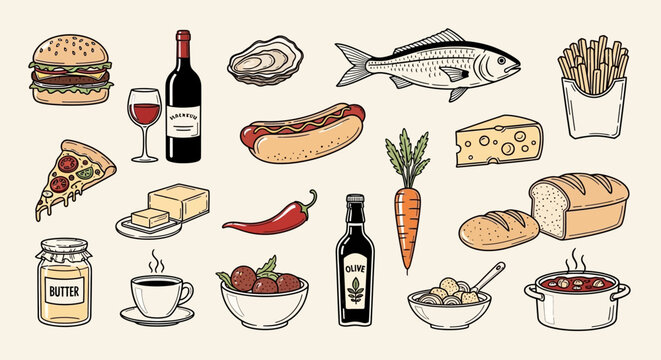 A collection of various food and drink items in a vintage engraved style, including fast food, seafood, vegetables, dairy, and beverages.