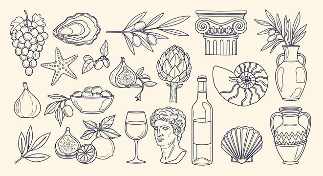 Line art illustrations of Mediterranean food, drinks, and cultural elements including grapes, olives, figs, seafood, wine, and classical architecture.